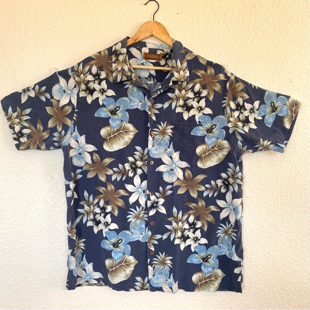 ❣️sold❣️TASSO ELBA | 100% Silk Hawaiian Blue & Khaki Tropical Shirt (2XL XXL)